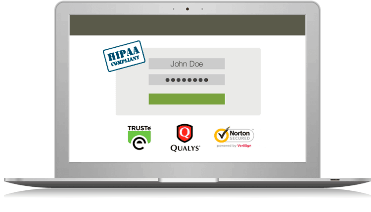 Shows a computer with 'Norton Secured', Qualys, Truste, and Hippa Compliance badges